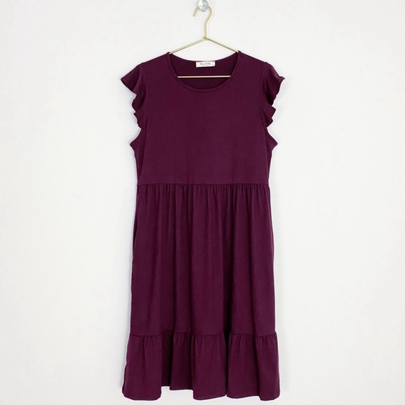 Boutique Ruffle Sleeve/Hem Dress w/Pockets Women’s M (8/10) Mulberry - Picture 3 of 13